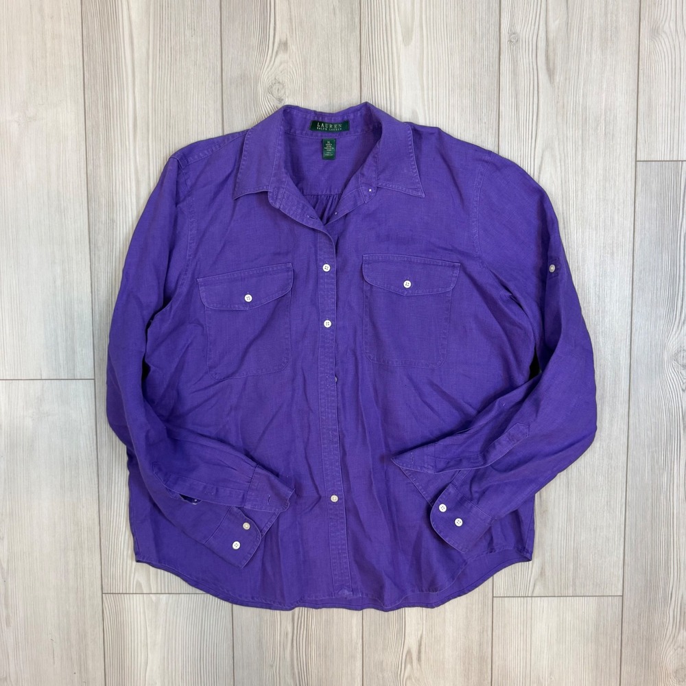 Lauren Ralph Lauren Purple 100% Linen Button Down Utility Shirt XL